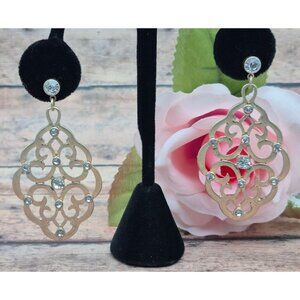 Brushed Gold Tone Swirl & Crystal Long Runway Statement Earrings Dangle 2.5"